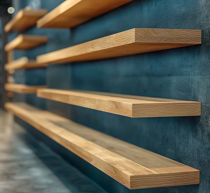 Baldas de madera a medida en una pared azul