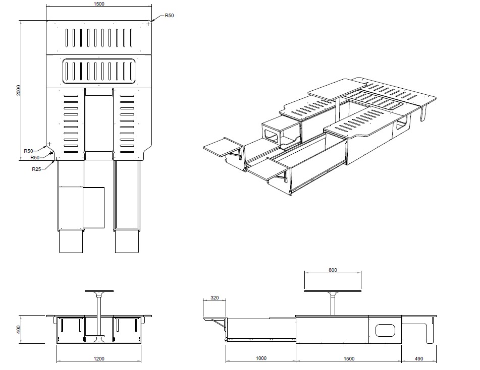 Plano acotado de un kit de muebles para furgoneta, con vistas en planta, alzado y perspectiva
