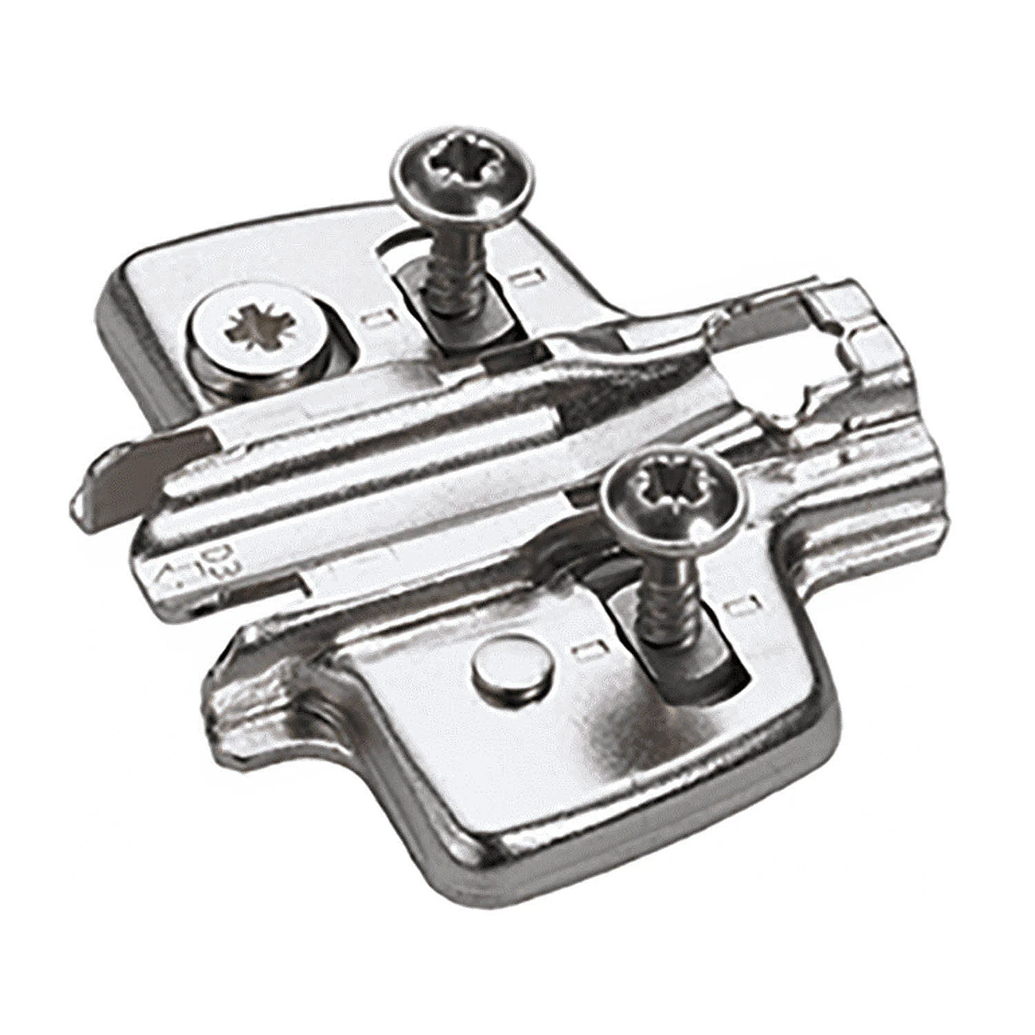 Suplemento de avión con Ajuste de altura directo, Niquelado, Hilera de taladros 37 x 32 mm, Hettich Direkt con resalte piloto y tornillos especiales (para taladro ø 5 x 7,5 mm), calce 0.0 mm