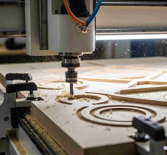 Un pantógrafo CNC fresa formas circulares en un tablero, con la viruta saltando