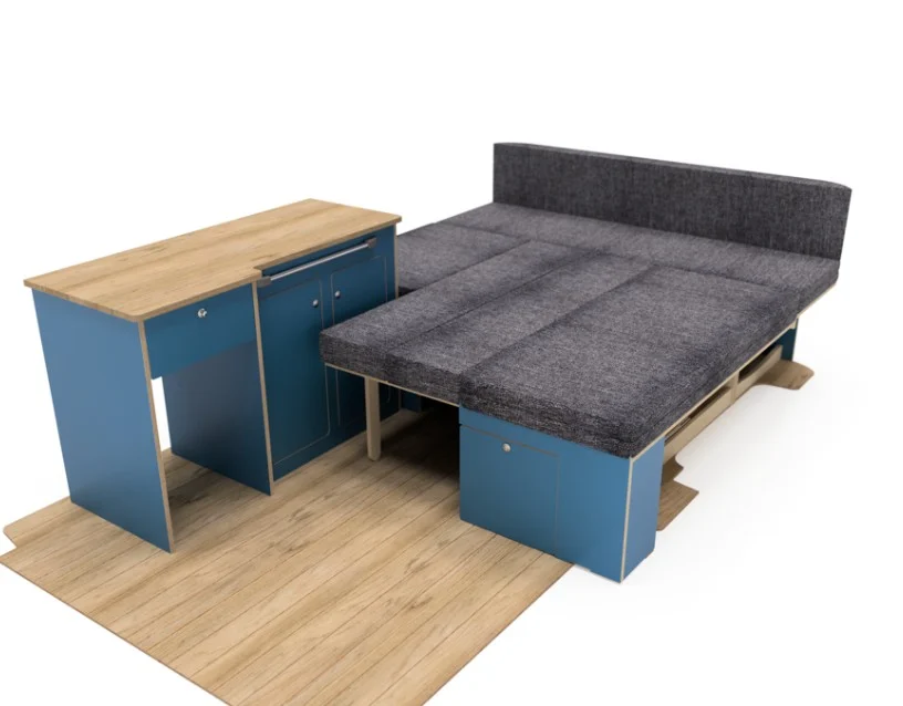 Mueble de cocina y sofá cama para furgoneta, en tablero azul y madera